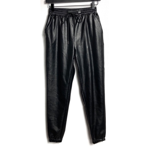 21 Saints Pants - 21 SAINTS BLACK FAUX LEATHER JOGGER PANTS